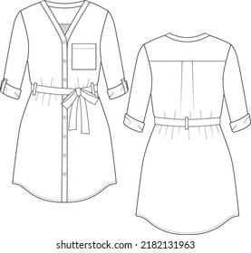 Women's Shirt Dress with Rolled Sleeve Fashion Technical Flat CAD Illustration Vector