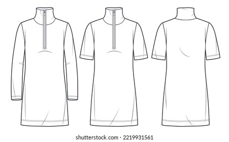 Women's Shirt Dress Technical Fashion Illustration. Mini Dress Fashion Technical Drawing Template, Short And Long Sleeve, Roll Neckline, Straight Fit, Front And Back View, White, Women CAD Mockup Set.