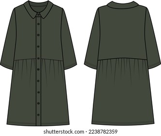 Women's Shirt Dress - Shirt Dress technical fashion illustration. Flat apparel dress template front and back, green color. Women's CAD mock-up.