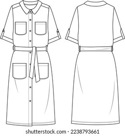 Women's Shirt Dress - Shirt Dress technical fashion illustration. Flat apparel dress template front and back, white color. Women's CAD mock-up.