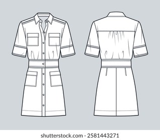 Women's Shirt Dress technical fashion illustration. Cargo mini Dress fashion flat technical drawing template, short sleeves, button-up, pockets, front and back view, white, women, girl CAD mockup.