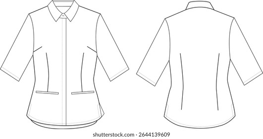 Women's Shirt Front and Back Illustration, long Sleeve Shirt with Pockets and Button-Up