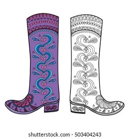 Women's shoe with a beautiful pattern. Boots.Freehand sketch with doodle element. Print on T-shirts, banners, posters, covers. Coloring page book for adults and children.