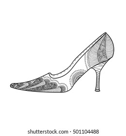 Women's shoe with a beautiful pattern. Freehand sketch with doodle element. Print on T-shirts, banners, posters, covers. Coloring page book for adults and children.