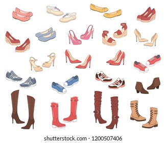 Women's shoe collection. Various types of female shoes boots, stilettos, wedgies, sandals, sneakers, flats, vector sketch illustration, isolated on white background.