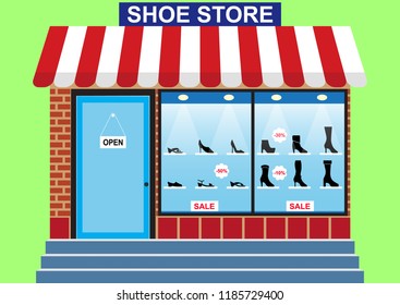 Women's Shoe store, shop window, discounts -10% -30% -50%, banner