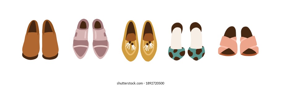Women's shoe wardrobe. Set of female fashion footwear: brogues, pointed loafers, high heel sandals with crosswise straps and summer closed-toe footgear. Flat vector illustration isolated on white.