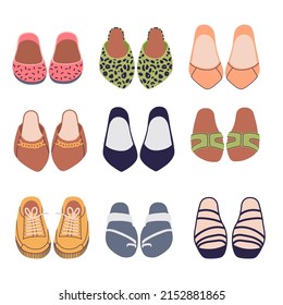 Women's shoe wardrobe. Set of female fashion footwear: ballet flats, sandals with straps, shoes, light sneakers, summer closed-toe footgear. Flat vector illustration isolated on white.