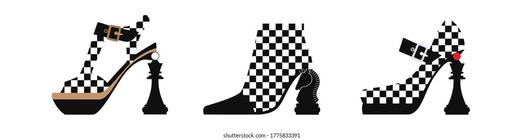 women's shoes in a chess design. black and white flat pattern with color accents. 
it can be used as an element of the emblem of the women's chess club. 
stock vector illustration. EPS 10.