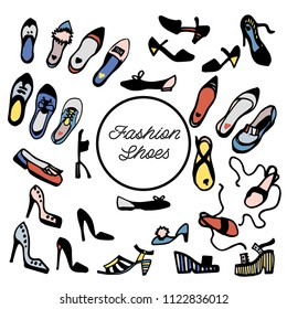 Women's shoes collection: flats, pumps, heels, wedges, sandals, flatform, mules. Vector illustration from ink sketch.