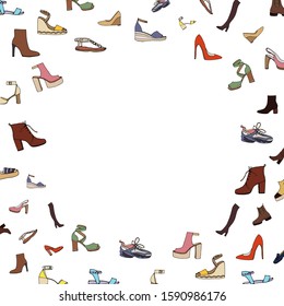 Women's shoes collection in the shape of a circle on white background. Hand drawn vector illustration.