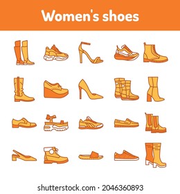 Womens shoes color line icons set. Pictograms for web page, mobile app, promo. UI UX GUI design element. Editable stroke.