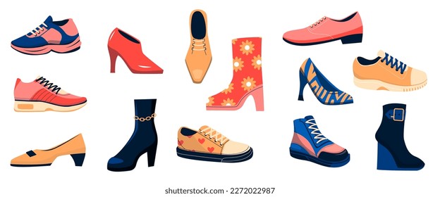 Womens shoes. Different types of stylish female footwear, trendy casual or formal fashionable boots sneakers high heel footgear. Cartoon vector set of footwear different, fashionable illustration