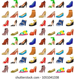 Womens Shoes Flat Design. Vector Seamless Pattern Background. Leather Colored Moccasins Sandals Illustration.