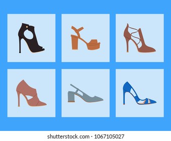 Womens shoes flat design vector footwear shoe store ad fashion boots collection hand drawn style of leather colored moccasins illustration wear