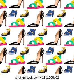 Womens shoes flat design vector seamless pattern background leather colored moccasins sandals illustration.
