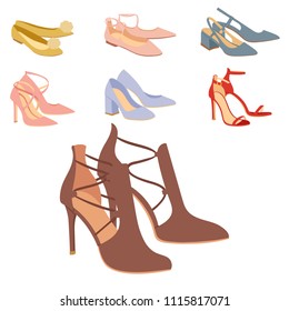 Womens shoes flat design vector footwear shoe store ad fashion boots collection hand drawn style of leather colored moccasins illustration wear