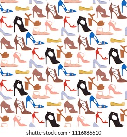Womens shoes flat design vector footwear shoe store ad fashion boots hand drawn style of leather colored moccasins illustration wear seamless pattern background