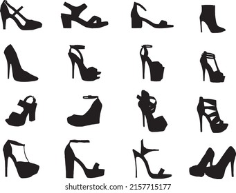 
Women's shoes flat design vector silhouette footwear shoe store ad fashion boots collection hand drawn style, vector set 