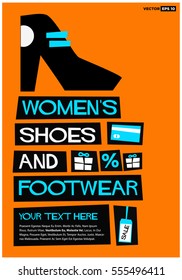Women's Shoes & Footwear - FREE Shipping (Flat Style Vector Illustration Shopping Poster Design) With Text Box Template 