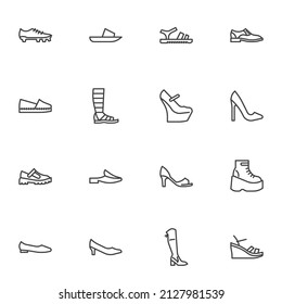 Juego de zapatos para mujeres e iconos de la línea de calzado, colección de símbolos de vector contorno, paquete de pictogramas de estilo lineal. Señales, ilustración del logotipo. El juego incluye iconos como botas altas, calzado deportivo, sandalias de verano