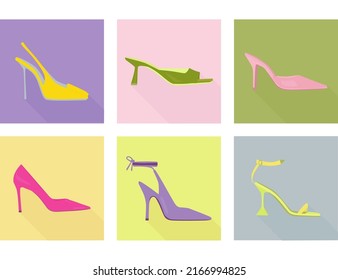 Women's shoes with heels. A set of color illustrations of shoes.
