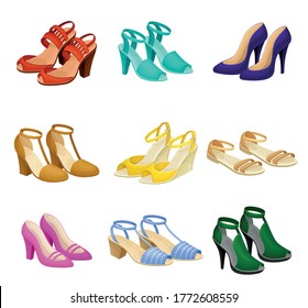 Womens Shoes with High Heels and Flat Sole Vector Set