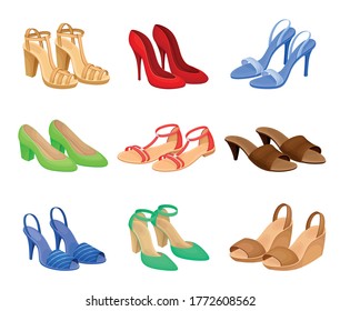 Womens Shoes with High Heels and Flat Sole Vector Set