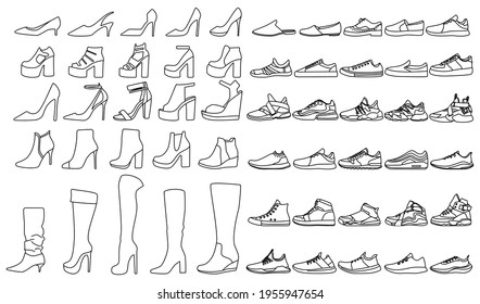 Womens Shoes Icon Set. Sandalwood Heels, Boots, Walking Shoes, Athletic Shoes. Simple Outline Signs For Fashion App. Editable Stroke.