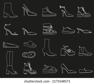 Women's shoes icons set. Shoes fashion line from high heels and sports sneakers to platform boots and summer sandals, linear isolated vector illustration on a black background