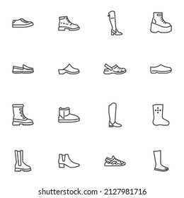 Juego de iconos de línea de zapatos para mujeres, colección de símbolos de vector contorno, paquete de pictogramas de estilo lineal. Señales, ilustración del logotipo. El juego incluye iconos como botas altas, calzado deportivo, sandalias de verano, zapatos de invierno