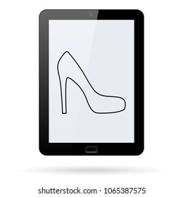 women's shoes line vector icon on a realistic tablet. Flat design style