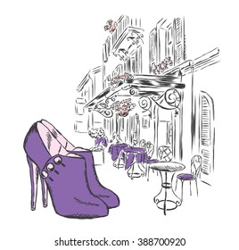 Women's shoes on a background of a city street . Shoes and cafes . Vector illustration.
