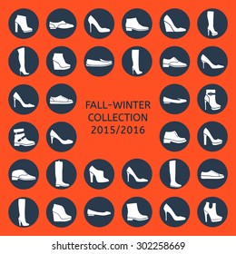 Women's shoes on an bright background: boots, shoes, sneakers. Autumn and winter.