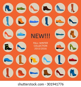 Women's shoes on an orange background: boots, shoes, sneakers. Autumn and winter.