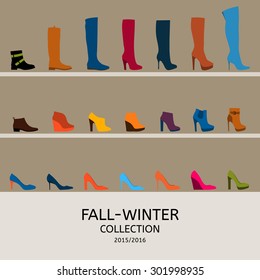 Women's shoes on store shelves: boots, shoes. Autumn and winter.