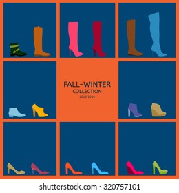 Women's shoes on store shelves: boots, shoes. Fall and winter.