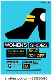 Women's Shoes Sale 50% Off (Flat Style Vector Illustration Shopping Poster Design) With Text Box Template and Venue and Time Details