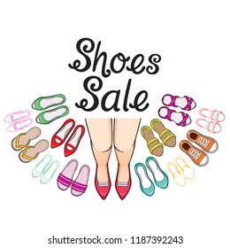 Women's Shoes Sale With Woman Legs And Lettering, Footwear, Fashion, Objects