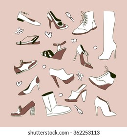 Women`s shoes set. Vector illustrated pink girls foot wear collection
