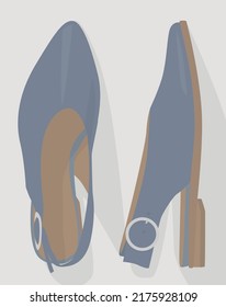 Women's shoes spring-autumn-summer. Vector flat image of women's blue sandals with a buckle. Sandals on a gray background. Design for cards, backgrounds, templates, textiles, banners.