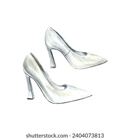 Women's shoes watercolor. Brides shoes isolated on white background. Greeting cards, wedding invitations, banners, engagement day posters, festivals.