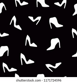 Women's shoes. White women's shoes on black background. Simple seamless pattern.