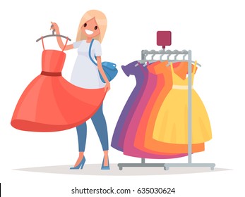 Women's shopping. The girl is trying on a new dress in the store. Vector illustration in a flat style