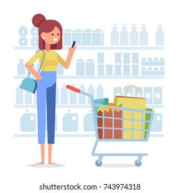 Women's shopping in supermarket. Vector illustration, flat style.