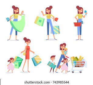 Women's shopping vector set. Mother with children in store. Illustration in a flat style, character design. 