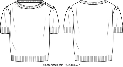 Women's Short Balloon Sleeve Crop Jumper- Jumper technical fashion illustration. Flat apparel jumper template front and back, white colour. Women's CAD mock-up.