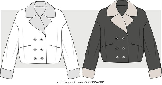 Women's Short Brown Coat. Coat technical fashion illustration. Women's CAD mock up.