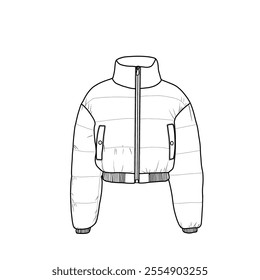 Women's short down jacket long sleeve stand collar pockets. Cropped puffer jacket waterproof