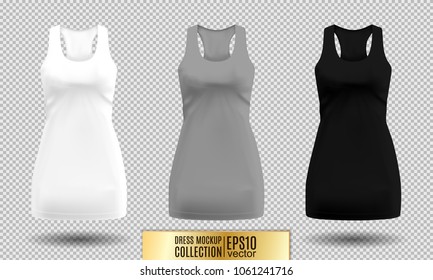 Women's short dress-shirt mockup collection. Realistic vector illustration. Fully editable handmade mesh. Classic dress with short sleeves.